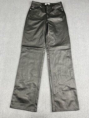 H&M Womens Black Faux Leather High-Waisted Straight-Leg Pants 4